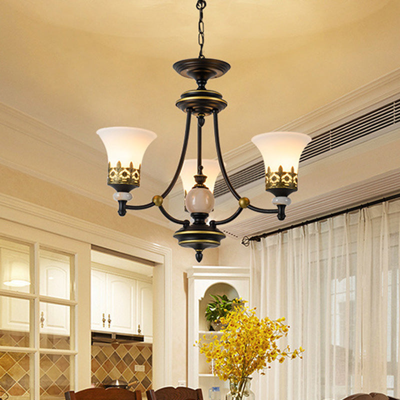 Countryside Bell Up Hanging Lighting 3/6 Lights White Glass Pendant Chandelier in Black and Gold Clearhalo 'Ceiling Lights' 'Chandeliers' Lighting' options 817311