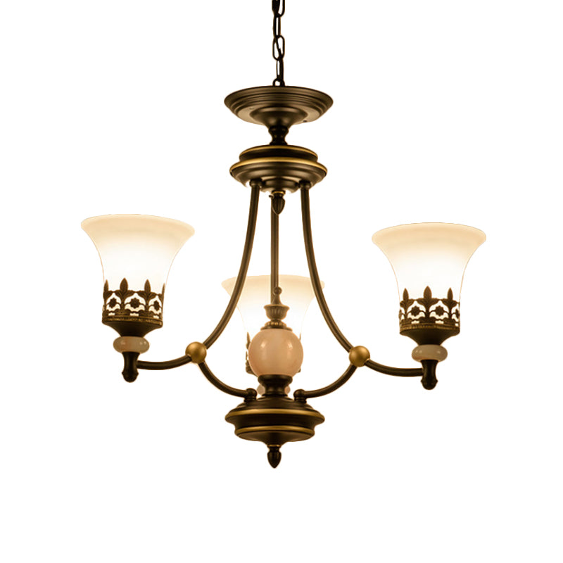 Countryside Bell Up Hanging Lighting 3/6 Lights White Glass Pendant Chandelier in Black and Gold Clearhalo 'Ceiling Lights' 'Chandeliers' Lighting' options 817312