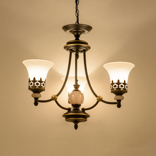 Countryside Bell Up Hanging Lighting 3/6 Lights White Glass Pendant Chandelier in Black and Gold Clearhalo 'Ceiling Lights' 'Chandeliers' Lighting' options 817313