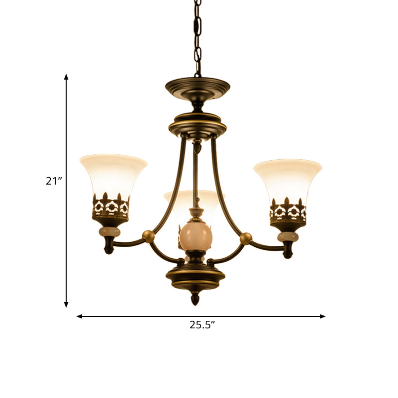 Countryside Bell Up Hanging Lighting 3/6 Lights White Glass Pendant Chandelier in Black and Gold Clearhalo 'Ceiling Lights' 'Chandeliers' Lighting' options 817314