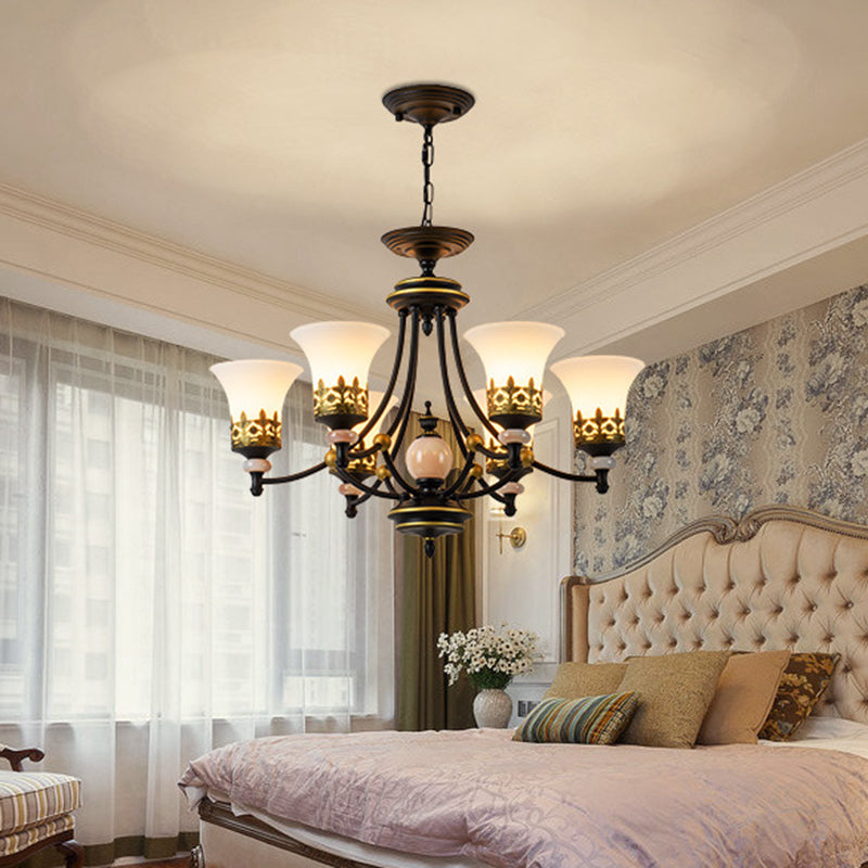 Countryside Bell Up Hanging Lighting 3/6 Lights White Glass Pendant Chandelier in Black and Gold Clearhalo 'Ceiling Lights' 'Chandeliers' Lighting' options 817316