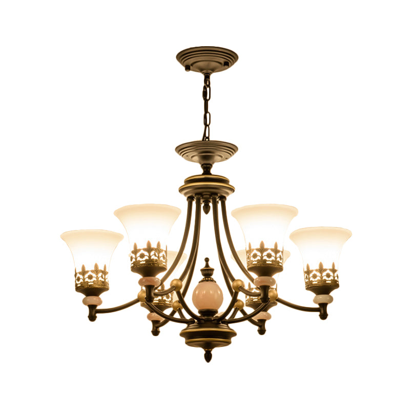 Countryside Bell Up Hanging Lighting 3/6 Lights White Glass Pendant Chandelier in Black and Gold Clearhalo 'Ceiling Lights' 'Chandeliers' Lighting' options 817318