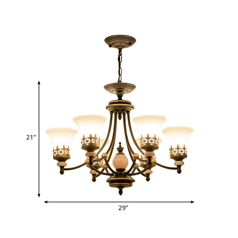 Countryside Bell Up Hanging Lighting 3/6 Lights White Glass Pendant Chandelier in Black and Gold Clearhalo 'Ceiling Lights' 'Chandeliers' Lighting' options 817319