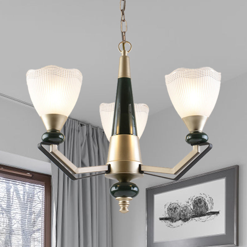 Gold 3/6-Head Chandelier Pendant Light Antiqued Translucent Latticed Glass Cone Up Hanging Lamp Kit Clearhalo 'Ceiling Lights' 'Chandeliers' Lighting' options 817320