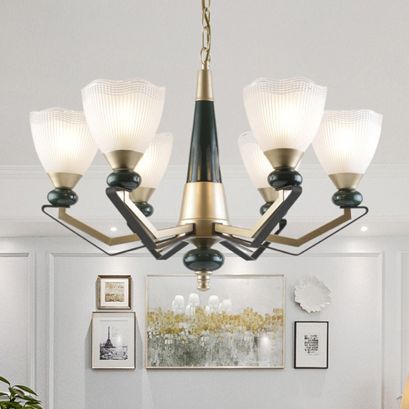 Gold 3/6-Head Chandelier Pendant Light Antiqued Translucent Latticed Glass Cone Up Hanging Lamp Kit Clearhalo 'Ceiling Lights' 'Chandeliers' Lighting' options 817324