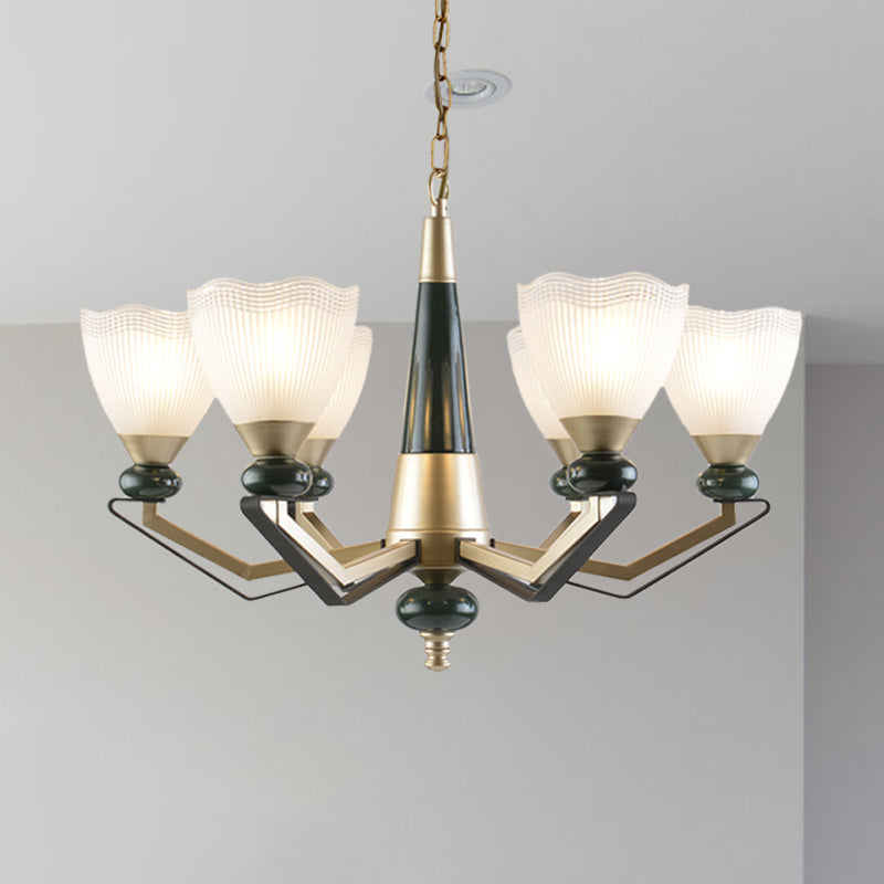 Gold 3/6-Head Chandelier Pendant Light Antiqued Translucent Latticed Glass Cone Up Hanging Lamp Kit Clearhalo 'Ceiling Lights' 'Chandeliers' Lighting' options 817326