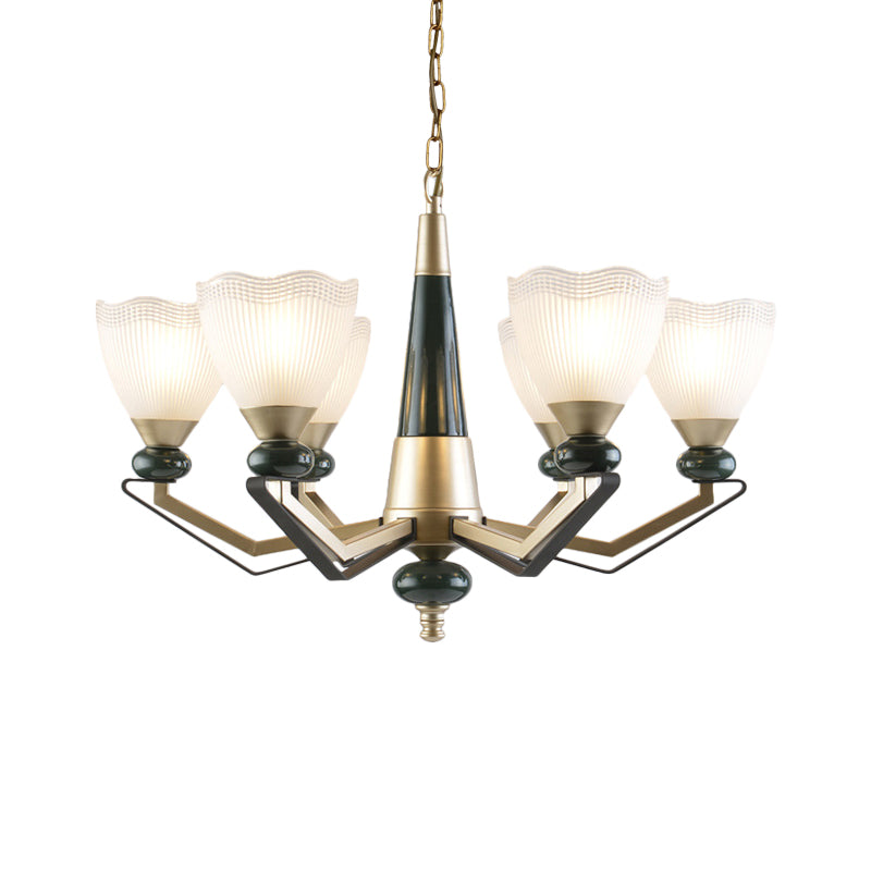 Gold 3/6-Head Chandelier Pendant Light Antiqued Translucent Latticed Glass Cone Up Hanging Lamp Kit Clearhalo 'Ceiling Lights' 'Chandeliers' Lighting' options 817327