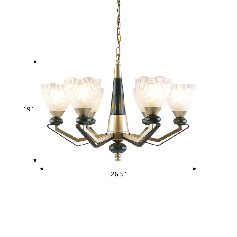 Gold 3/6-Head Chandelier Pendant Light Antiqued Translucent Latticed Glass Cone Up Hanging Lamp Kit Clearhalo 'Ceiling Lights' 'Chandeliers' Lighting' options 817328