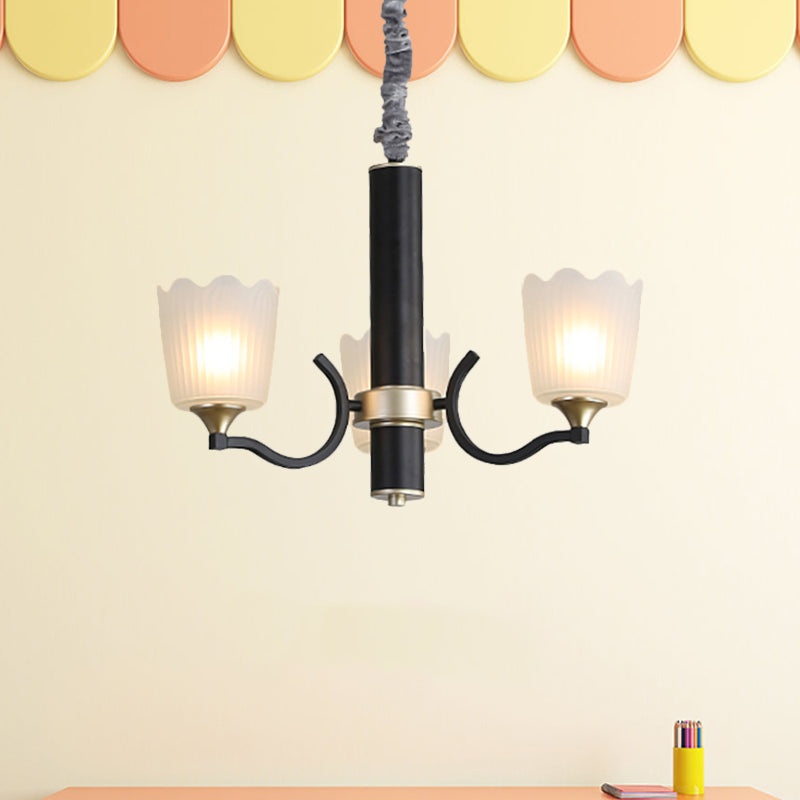 Scalloped Cup Shape Living Room Pendant Traditional Opal Ribbed Glass 3/6/8-Bulb Black Ceiling Chandelier Clearhalo 'Ceiling Lights' 'Chandeliers' Lighting' options 817329