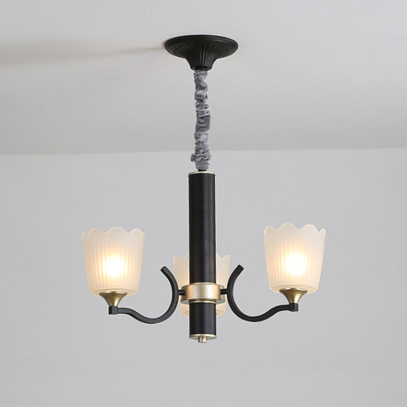 Scalloped Cup Shape Living Room Pendant Traditional Opal Ribbed Glass 3/6/8-Bulb Black Ceiling Chandelier Clearhalo 'Ceiling Lights' 'Chandeliers' Lighting' options 817330