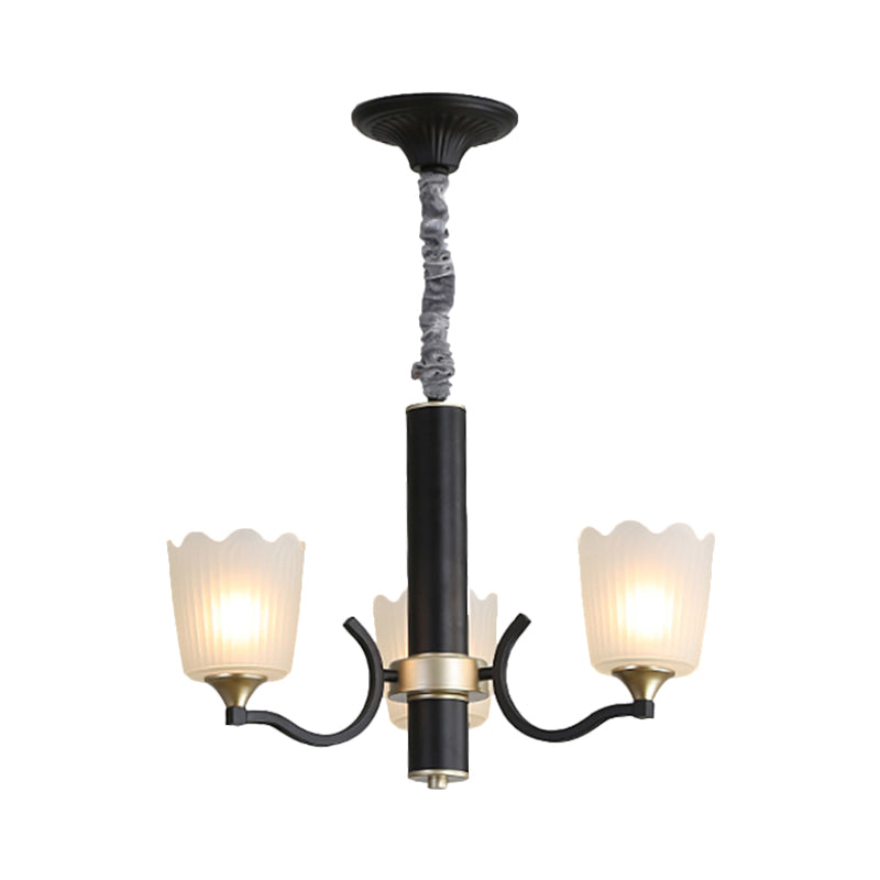 Scalloped Cup Shape Living Room Pendant Traditional Opal Ribbed Glass 3/6/8-Bulb Black Ceiling Chandelier Clearhalo 'Ceiling Lights' 'Chandeliers' Lighting' options 817331