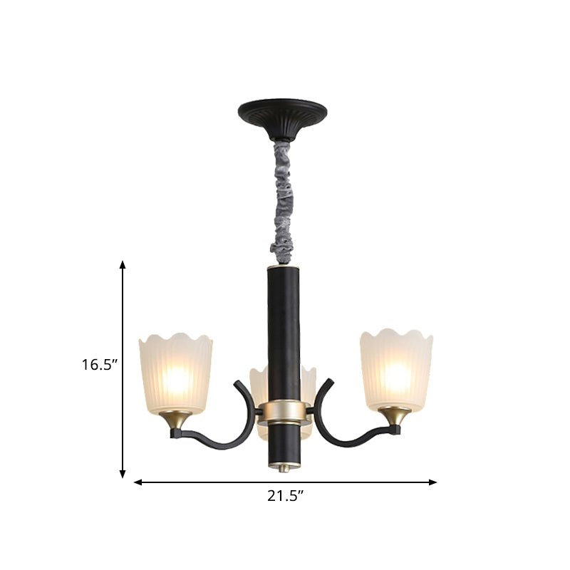 Scalloped Cup Shape Living Room Pendant Traditional Opal Ribbed Glass 3/6/8-Bulb Black Ceiling Chandelier Clearhalo 'Ceiling Lights' 'Chandeliers' Lighting' options 817332