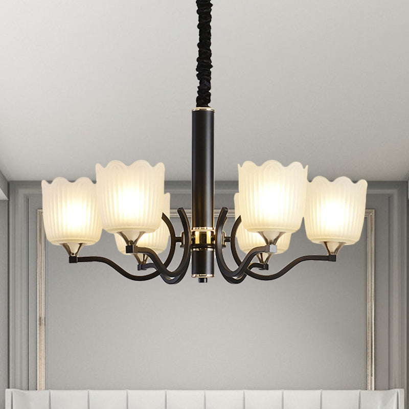 Scalloped Cup Shape Living Room Pendant Traditional Opal Ribbed Glass 3/6/8-Bulb Black Ceiling Chandelier Clearhalo 'Ceiling Lights' 'Chandeliers' Lighting' options 817333