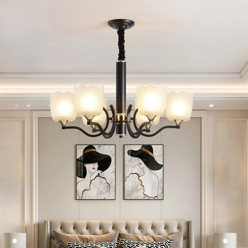 Scalloped Cup Shape Living Room Pendant Traditional Opal Ribbed Glass 3/6/8-Bulb Black Ceiling Chandelier Clearhalo 'Ceiling Lights' 'Chandeliers' Lighting' options 817334