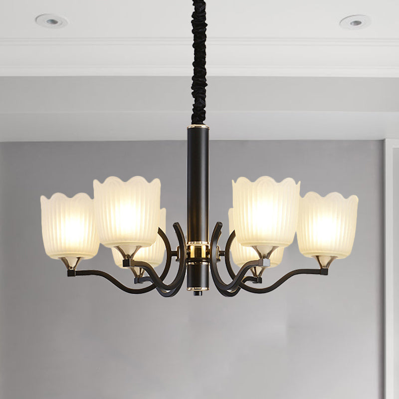 Scalloped Cup Shape Living Room Pendant Traditional Opal Ribbed Glass 3/6/8-Bulb Black Ceiling Chandelier Clearhalo 'Ceiling Lights' 'Chandeliers' Lighting' options 817335