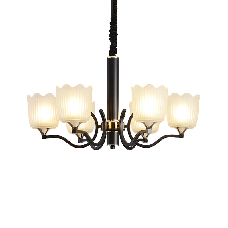 Scalloped Cup Shape Living Room Pendant Traditional Opal Ribbed Glass 3/6/8-Bulb Black Ceiling Chandelier Clearhalo 'Ceiling Lights' 'Chandeliers' Lighting' options 817336