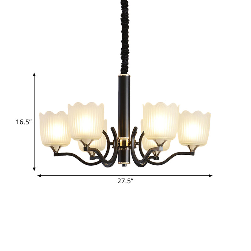 Scalloped Cup Shape Living Room Pendant Traditional Opal Ribbed Glass 3/6/8-Bulb Black Ceiling Chandelier Clearhalo 'Ceiling Lights' 'Chandeliers' Lighting' options 817337