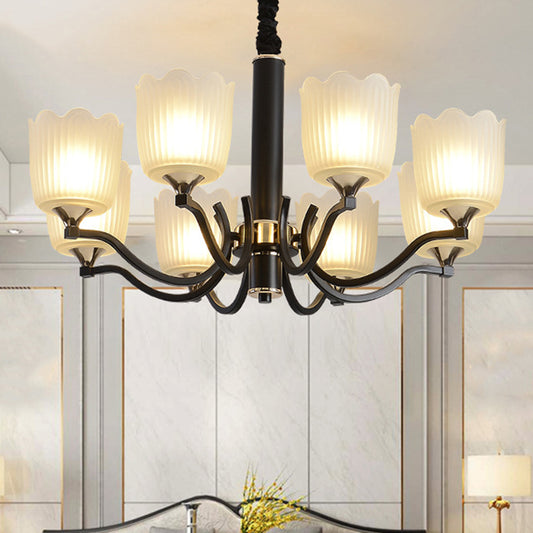 Scalloped Cup Shape Living Room Pendant Traditional Opal Ribbed Glass 3/6/8-Bulb Black Ceiling Chandelier Clearhalo 'Ceiling Lights' 'Chandeliers' Lighting' options 817338