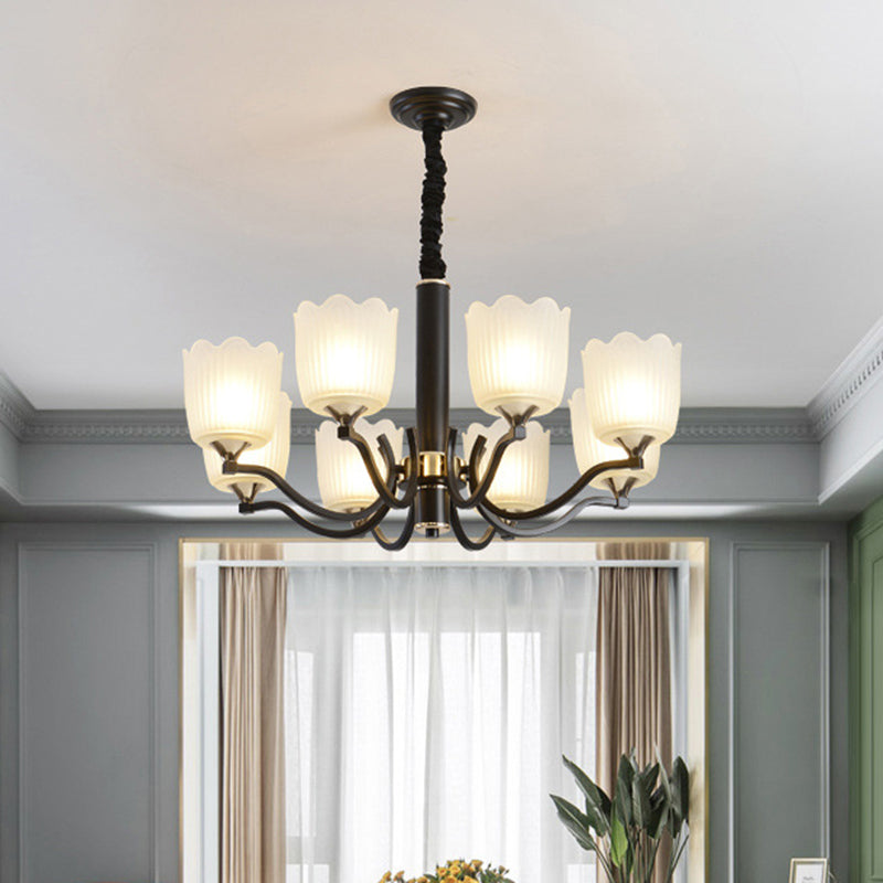 Scalloped Cup Shape Living Room Pendant Traditional Opal Ribbed Glass 3/6/8-Bulb Black Ceiling Chandelier Clearhalo 'Ceiling Lights' 'Chandeliers' Lighting' options 817339