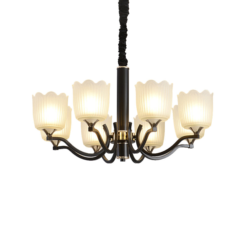 Scalloped Cup Shape Living Room Pendant Traditional Opal Ribbed Glass 3/6/8-Bulb Black Ceiling Chandelier Clearhalo 'Ceiling Lights' 'Chandeliers' Lighting' options 817340