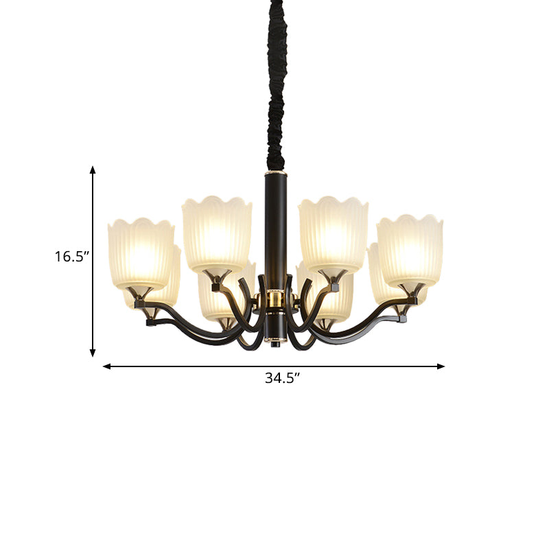 Scalloped Cup Shape Living Room Pendant Traditional Opal Ribbed Glass 3/6/8-Bulb Black Ceiling Chandelier Clearhalo 'Ceiling Lights' 'Chandeliers' Lighting' options 817342