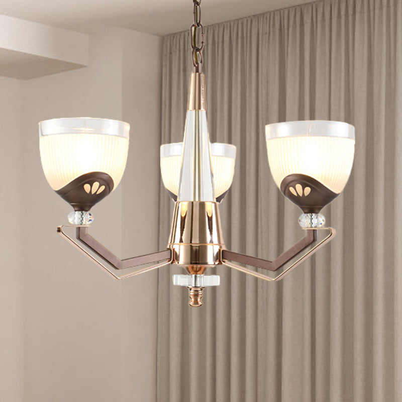 3/6 Lights Bowl Hanging Chandelier Vintage Coffee Finish White Ribbed Glass Pendant Lamp Fixture Clearhalo 'Ceiling Lights' 'Chandeliers' Lighting' options 817343