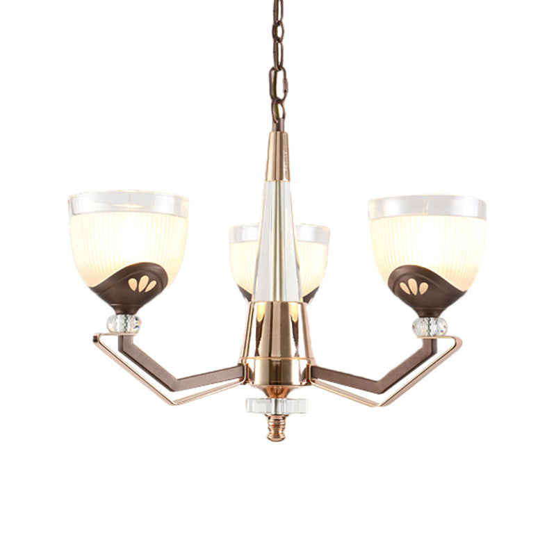 3/6 Lights Bowl Hanging Chandelier Vintage Coffee Finish White Ribbed Glass Pendant Lamp Fixture Clearhalo 'Ceiling Lights' 'Chandeliers' Lighting' options 817345