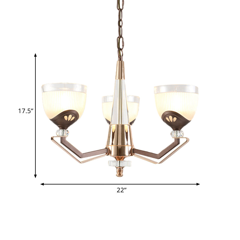 3/6 Lights Bowl Hanging Chandelier Vintage Coffee Finish White Ribbed Glass Pendant Lamp Fixture Clearhalo 'Ceiling Lights' 'Chandeliers' Lighting' options 817346