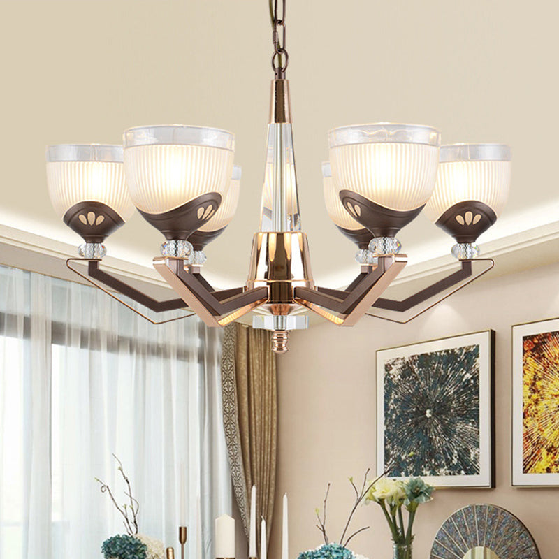 3/6 Lights Bowl Hanging Chandelier Vintage Coffee Finish White Ribbed Glass Pendant Lamp Fixture Clearhalo 'Ceiling Lights' 'Chandeliers' Lighting' options 817347