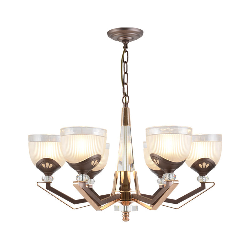 3/6 Lights Bowl Hanging Chandelier Vintage Coffee Finish White Ribbed Glass Pendant Lamp Fixture Clearhalo 'Ceiling Lights' 'Chandeliers' Lighting' options 817349