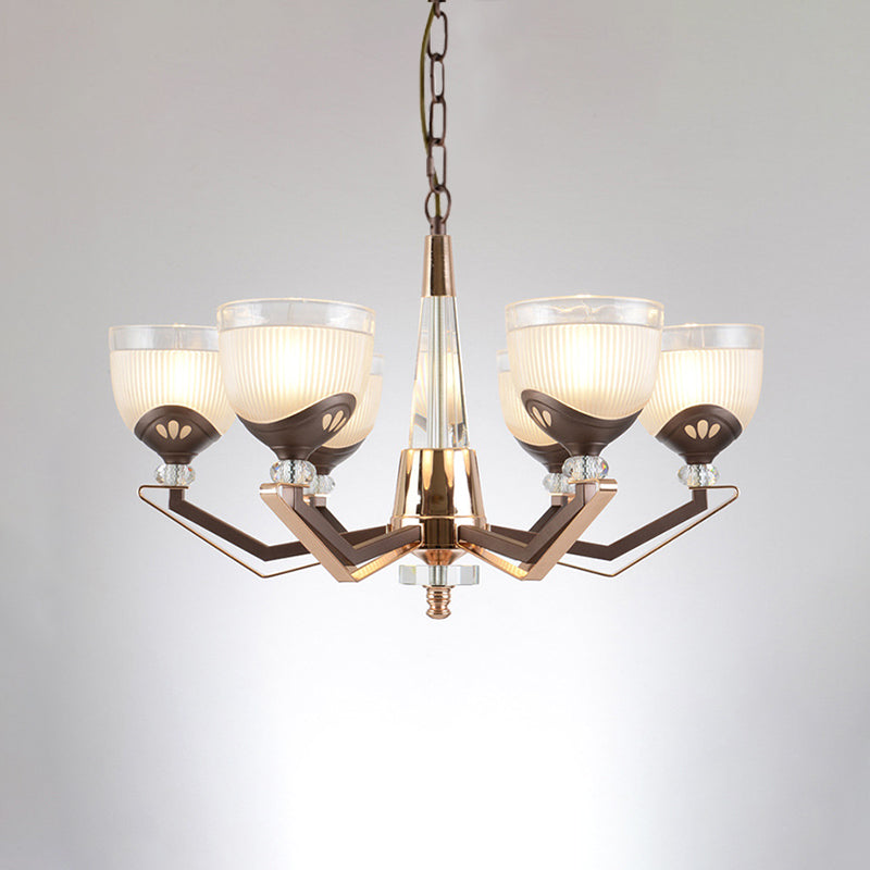 3/6 Lights Bowl Hanging Chandelier Vintage Coffee Finish White Ribbed Glass Pendant Lamp Fixture Clearhalo 'Ceiling Lights' 'Chandeliers' Lighting' options 817350