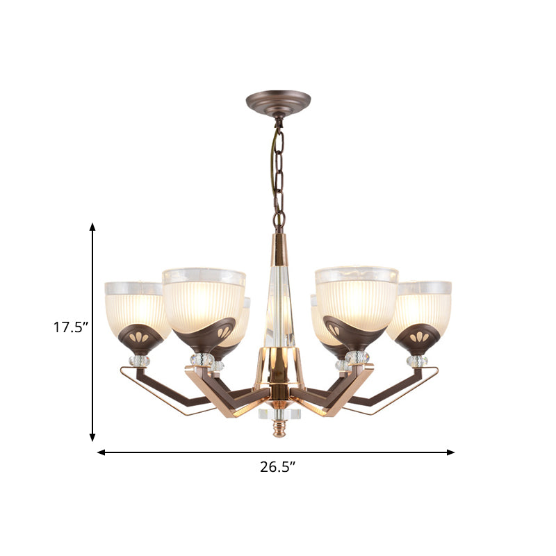 3/6 Lights Bowl Hanging Chandelier Vintage Coffee Finish White Ribbed Glass Pendant Lamp Fixture Clearhalo 'Ceiling Lights' 'Chandeliers' Lighting' options 817351