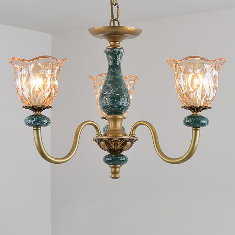 Countryside Flower Pendant Chandelier 3/5/6 Heads Tan Glass Suspension Light in Brass with Ceramics Accent Clearhalo 'Ceiling Lights' 'Chandeliers' Lighting' options 817362