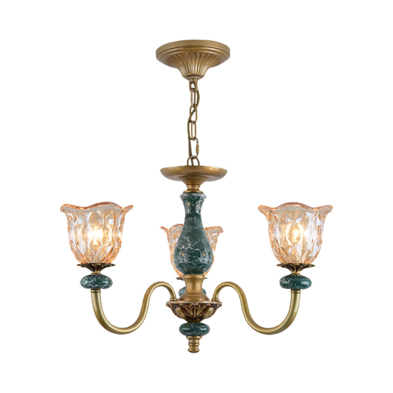 Countryside Flower Pendant Chandelier 3/5/6 Heads Tan Glass Suspension Light in Brass with Ceramics Accent Clearhalo 'Ceiling Lights' 'Chandeliers' Lighting' options 817363