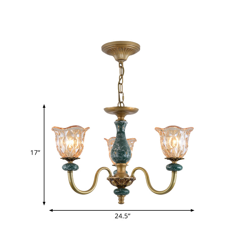 Countryside Flower Pendant Chandelier 3/5/6 Heads Tan Glass Suspension Light in Brass with Ceramics Accent Clearhalo 'Ceiling Lights' 'Chandeliers' Lighting' options 817364