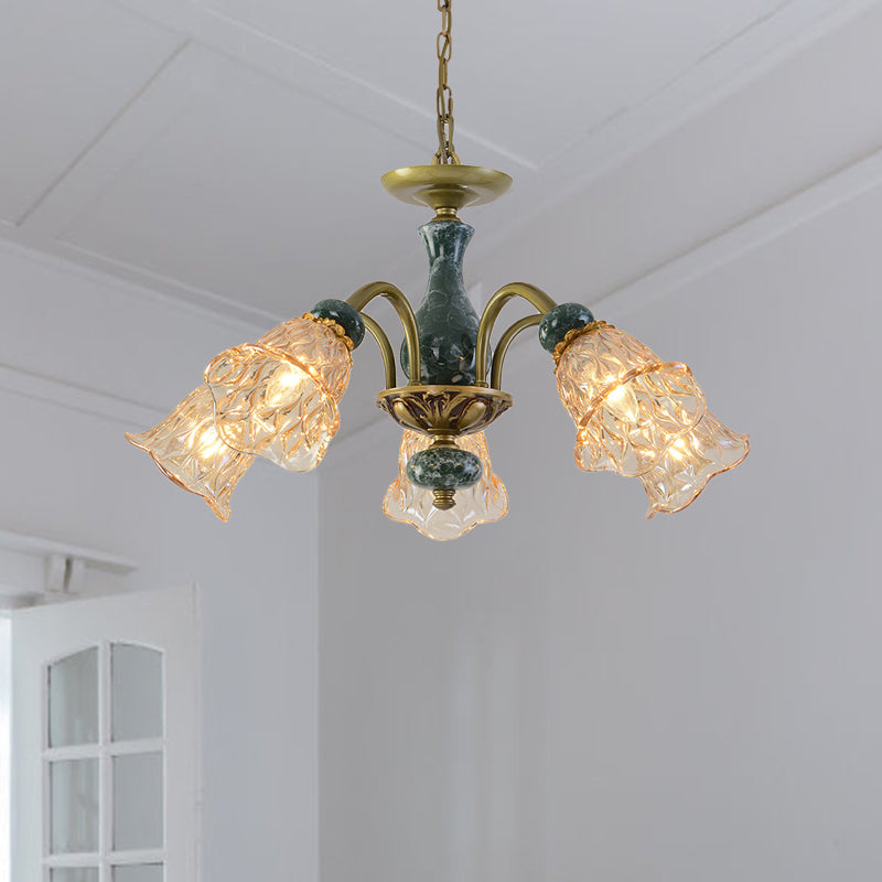 Countryside Flower Pendant Chandelier 3/5/6 Heads Tan Glass Suspension Light in Brass with Ceramics Accent Clearhalo 'Ceiling Lights' 'Chandeliers' Lighting' options 817366