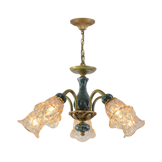 Countryside Flower Pendant Chandelier 3/5/6 Heads Tan Glass Suspension Light in Brass with Ceramics Accent Clearhalo 'Ceiling Lights' 'Chandeliers' Lighting' options 817368