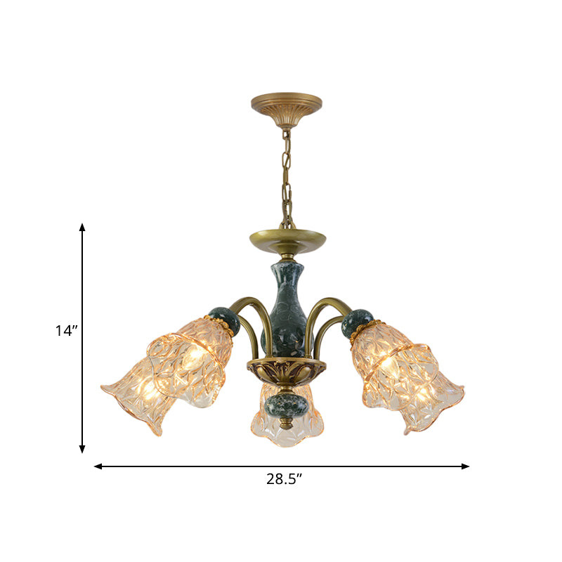 Countryside Flower Pendant Chandelier 3/5/6 Heads Tan Glass Suspension Light in Brass with Ceramics Accent Clearhalo 'Ceiling Lights' 'Chandeliers' Lighting' options 817369