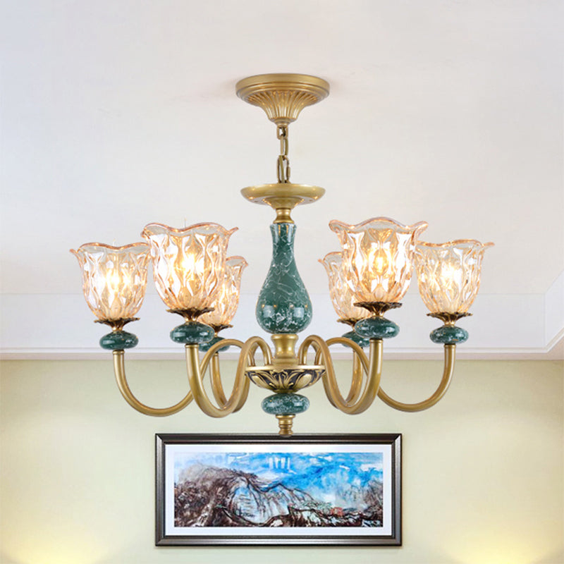 Countryside Flower Pendant Chandelier 3/5/6 Heads Tan Glass Suspension Light in Brass with Ceramics Accent 6 Tan Clearhalo 'Ceiling Lights' 'Chandeliers' Lighting' options 817370_5d0b591c-13c8-4dbd-9fa7-73304556d9b7