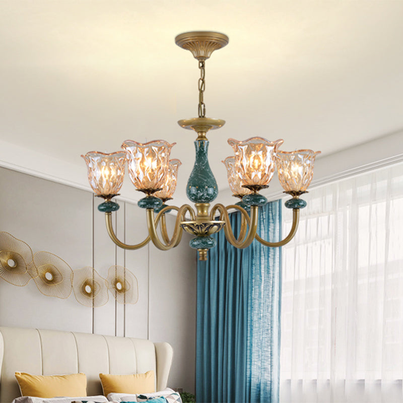 Countryside Flower Pendant Chandelier 3/5/6 Heads Tan Glass Suspension Light in Brass with Ceramics Accent Clearhalo 'Ceiling Lights' 'Chandeliers' Lighting' options 817371