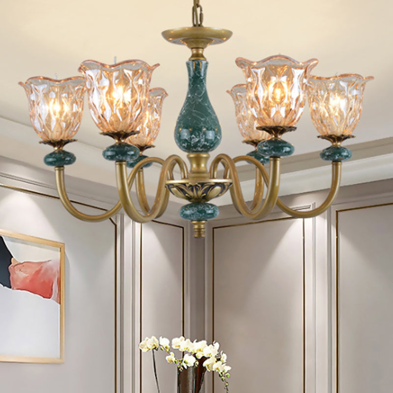 Countryside Flower Pendant Chandelier 3/5/6 Heads Tan Glass Suspension Light in Brass with Ceramics Accent Clearhalo 'Ceiling Lights' 'Chandeliers' Lighting' options 817372