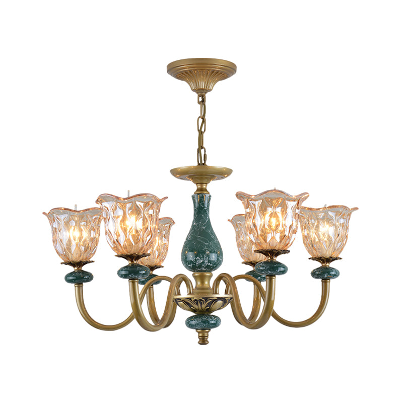 Countryside Flower Pendant Chandelier 3/5/6 Heads Tan Glass Suspension Light in Brass with Ceramics Accent Clearhalo 'Ceiling Lights' 'Chandeliers' Lighting' options 817373