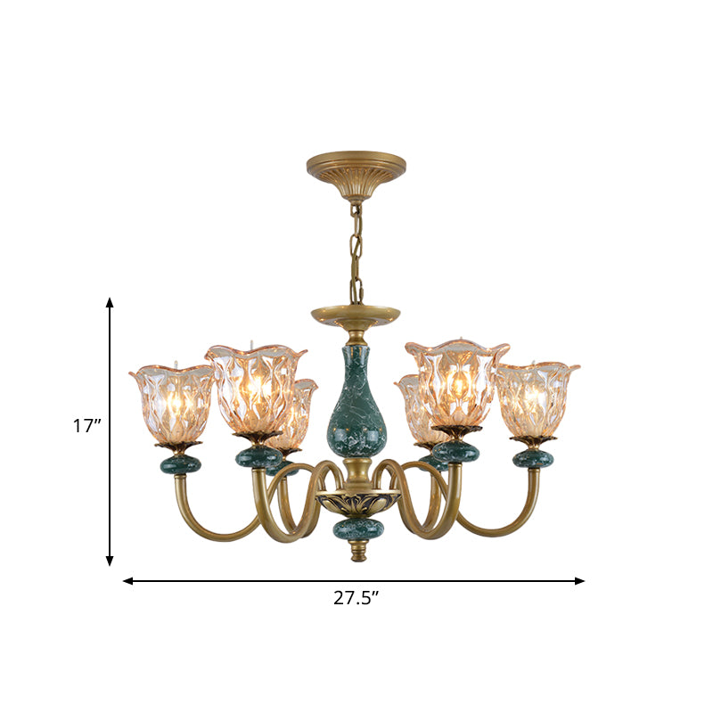 Countryside Flower Pendant Chandelier 3/5/6 Heads Tan Glass Suspension Light in Brass with Ceramics Accent Clearhalo 'Ceiling Lights' 'Chandeliers' Lighting' options 817374