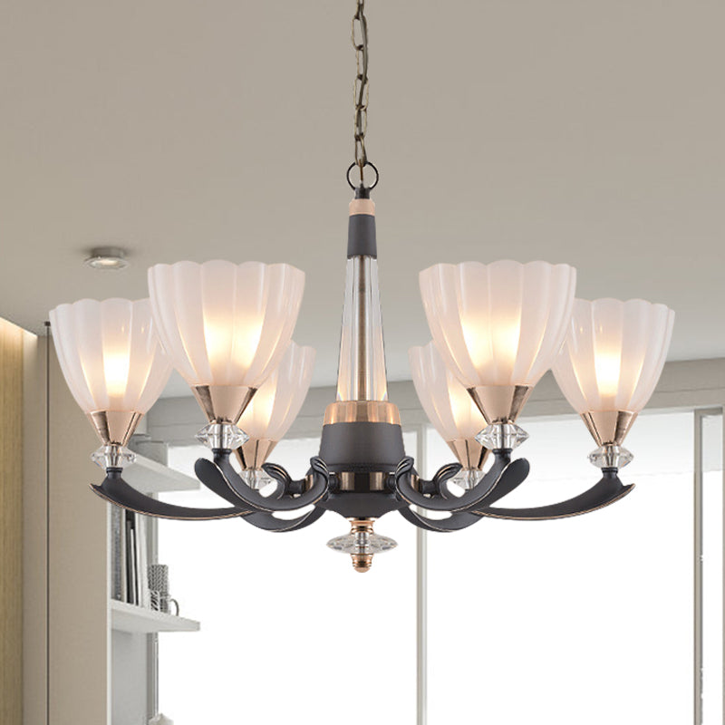 Gray-Gold 6/8 Lights Ceiling Chandelier Traditional White Frosted Glass Flower Up Hanging Lamp Clearhalo 'Ceiling Lights' 'Chandeliers' Lighting' options 817375