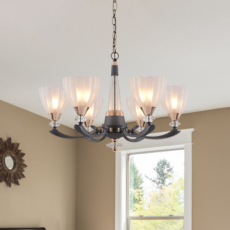 Gray-Gold 6/8 Lights Ceiling Chandelier Traditional White Frosted Glass Flower Up Hanging Lamp Clearhalo 'Ceiling Lights' 'Chandeliers' Lighting' options 817376