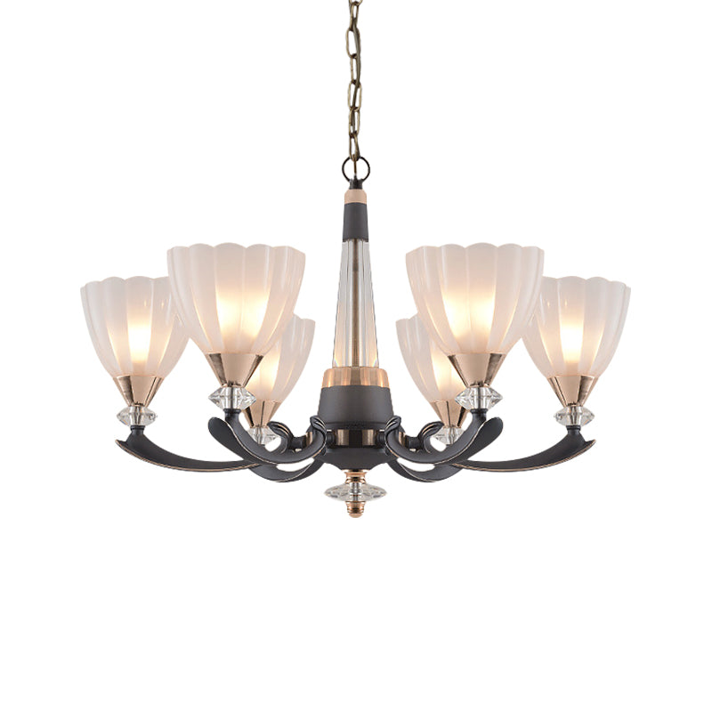 Gray-Gold 6/8 Lights Ceiling Chandelier Traditional White Frosted Glass Flower Up Hanging Lamp Clearhalo 'Ceiling Lights' 'Chandeliers' Lighting' options 817377