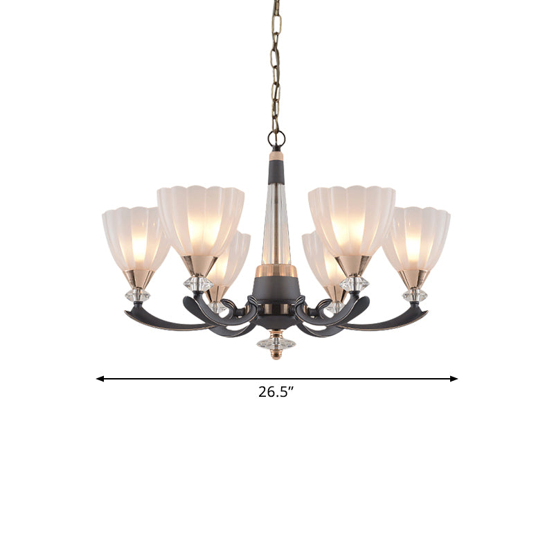 Gray-Gold 6/8 Lights Ceiling Chandelier Traditional White Frosted Glass Flower Up Hanging Lamp Clearhalo 'Ceiling Lights' 'Chandeliers' Lighting' options 817378