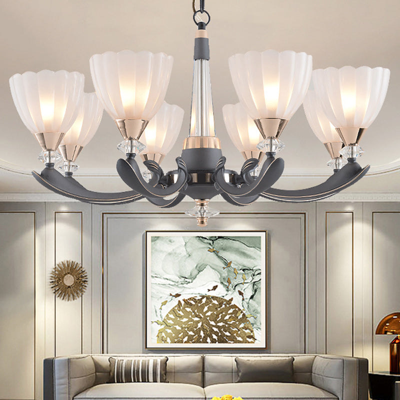 Gray-Gold 6/8 Lights Ceiling Chandelier Traditional White Frosted Glass Flower Up Hanging Lamp Clearhalo 'Ceiling Lights' 'Chandeliers' Lighting' options 817379