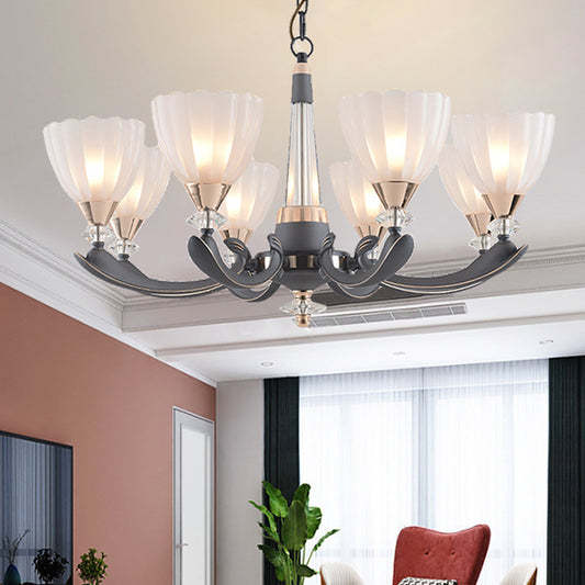 Gray-Gold 6/8 Lights Ceiling Chandelier Traditional White Frosted Glass Flower Up Hanging Lamp Clearhalo 'Ceiling Lights' 'Chandeliers' Lighting' options 817380