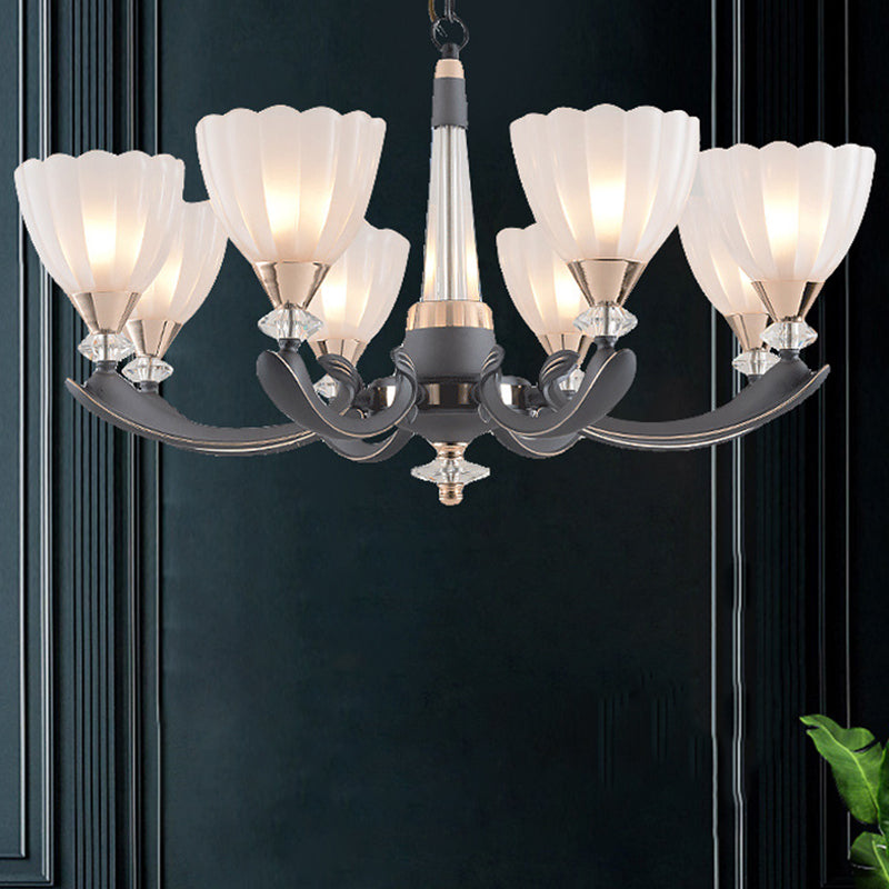 Gray-Gold 6/8 Lights Ceiling Chandelier Traditional White Frosted Glass Flower Up Hanging Lamp Clearhalo 'Ceiling Lights' 'Chandeliers' Lighting' options 817381